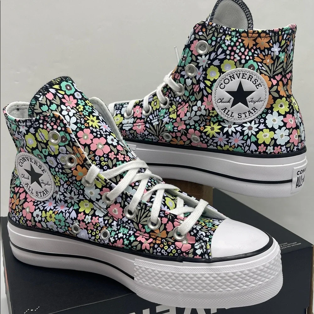 Converse Floral Platform High Top Sneakers - Black with Pastel Flowers